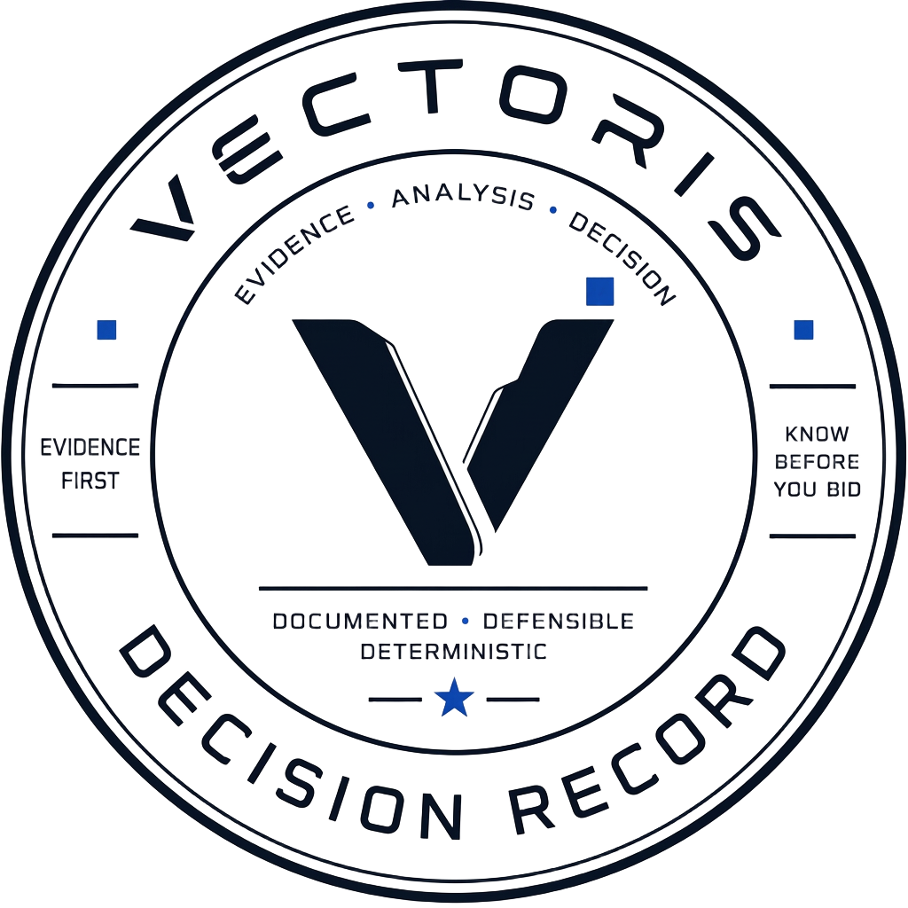 Vectoris Decision Record seal: evidence first, documented, defensible, deterministic — know before you bid.
